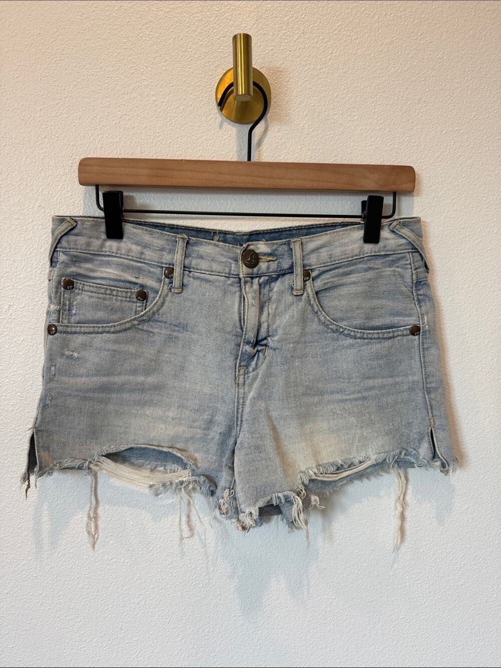 Free People Washed Light Blue Distressed Denim Cutoff Shorts
